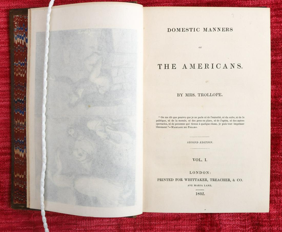 MRS. TROLLOPE "DOMESTIC MANNERS OF AMERICANS" 1832: (2) Volumes. London: Whittaker, Treacher & Co. illustrated. hardcover 3/4 leather bound. 7 1/4 x 5 inches.