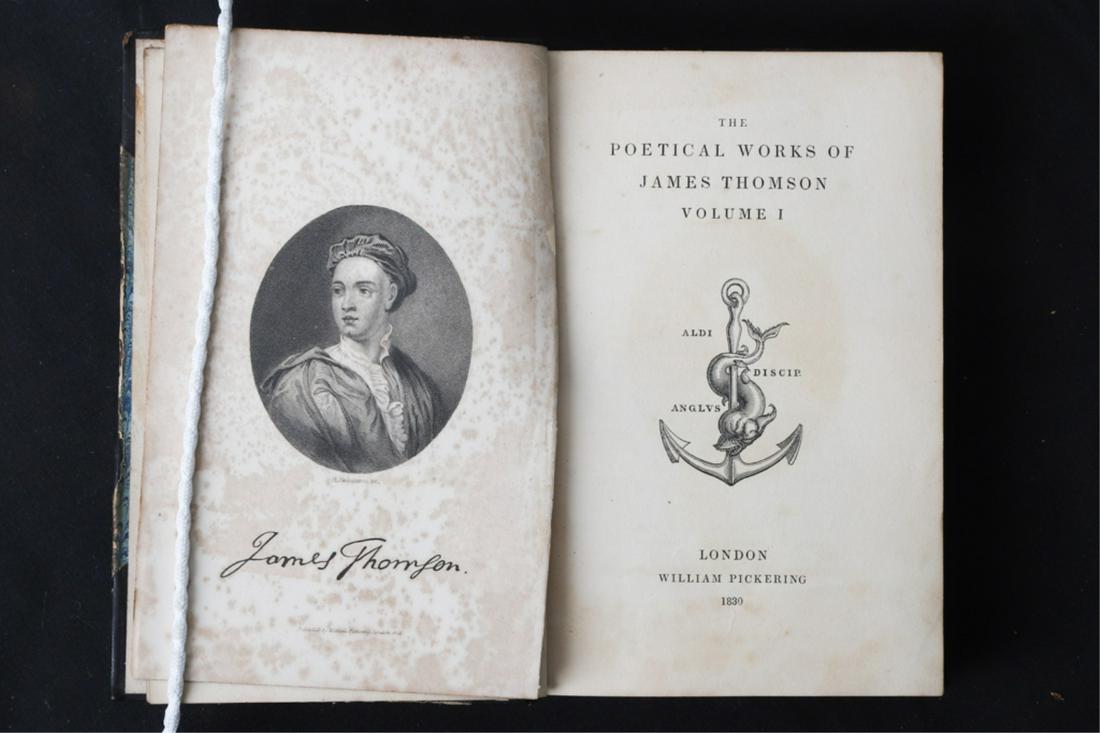 JAMES THOMSON "POETICAL WORKS" 1830: (2) Volumes. London: William Pickering 1830. hardcover 3/4 leather bound. 6 1/2 x 4 1/4 inches.