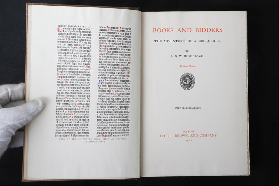 A.S.W. ROSENBACH "BOOKS AND BIDDERS" 1927: The Adventures of a Bibliophile with illustrations. Signed and annotated by the author. Little, Brown and Company 1927. hardcover 1/2 cloth and paper bound. 9 3/4 x 6 1/2 inches