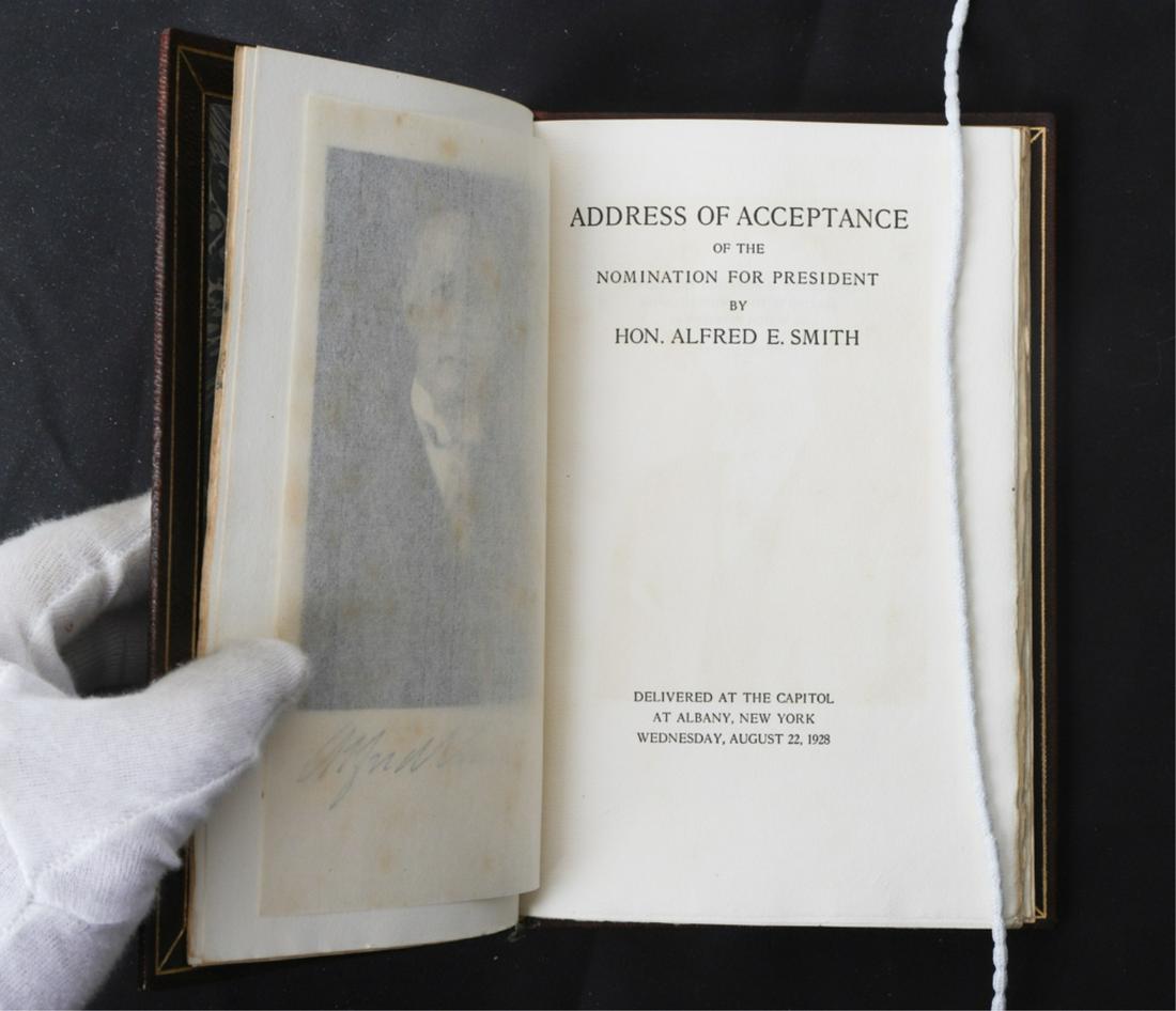 HON. ALFRED E. SMITH NOMINATION FOR PRESIDENT 1928: Address of Acceptance. Delivered at the Capitol at Albany, NY. Privately printed 86/500 copies. hardcover leather bound. 8 x 5 inches