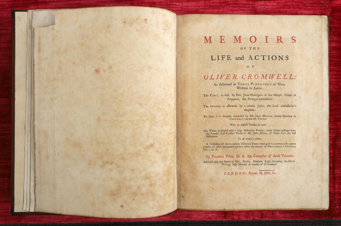 FRANCIS PECK "MEMOIRS OF OLIVER CROMWELL" 1740: Life and Actions as delivered in Three Panegyrics of Him Witten in Latin illustrated. London. hardcover leather bound. 11 1/2 x 9 1/2 inches