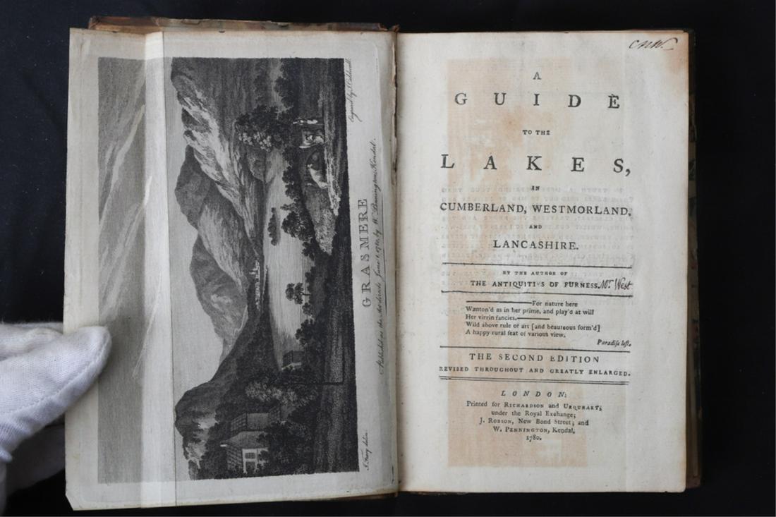 THOMAS WEST "GUIDE TO THE LAKES" 1780: Cumberland, Westmorland and Lancashire. second edition. London. Richardson and Urqumart 1780. 3/4 leather bound 7 1/2 x 5 inches.