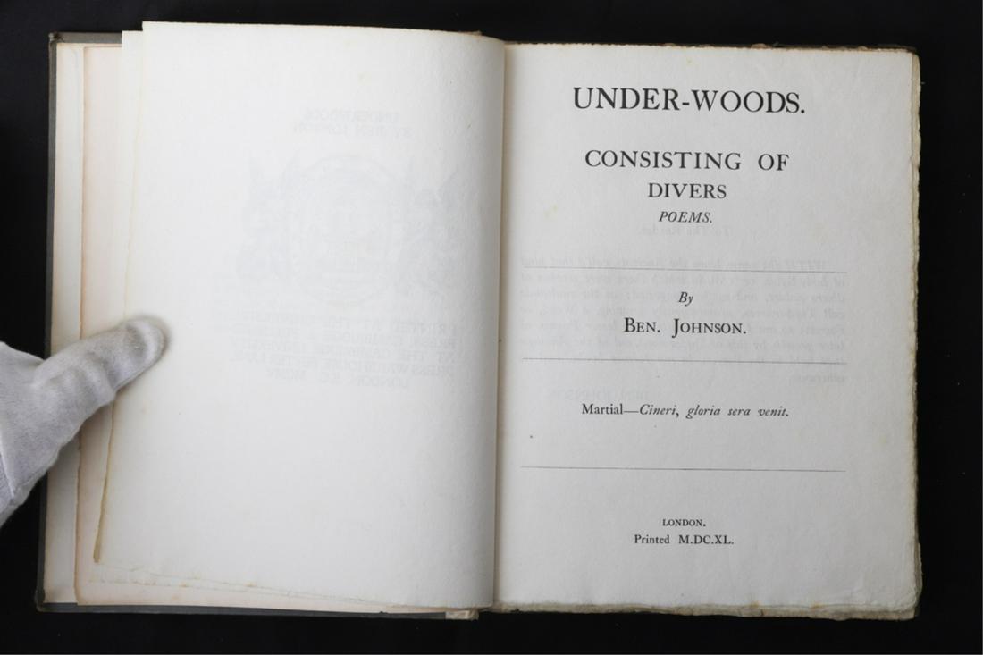 BEN JONSON "UNDERWOODS" 1905: Consisting of Divers Poems London. University Press. hardcover. 1/2 vellum bound. 9 x 7 inches. 250 copies printed on hand-made paper.