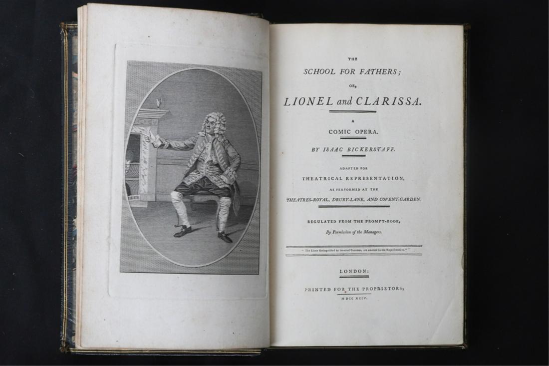ISAAC KICKERSTAFF "LIONEL AND CLARISSA" 1794: School for Fathers a Comic Opera. illustrated London. Printed for the Proprietors 1794. hardcover leather bound. 8 x 5 inches