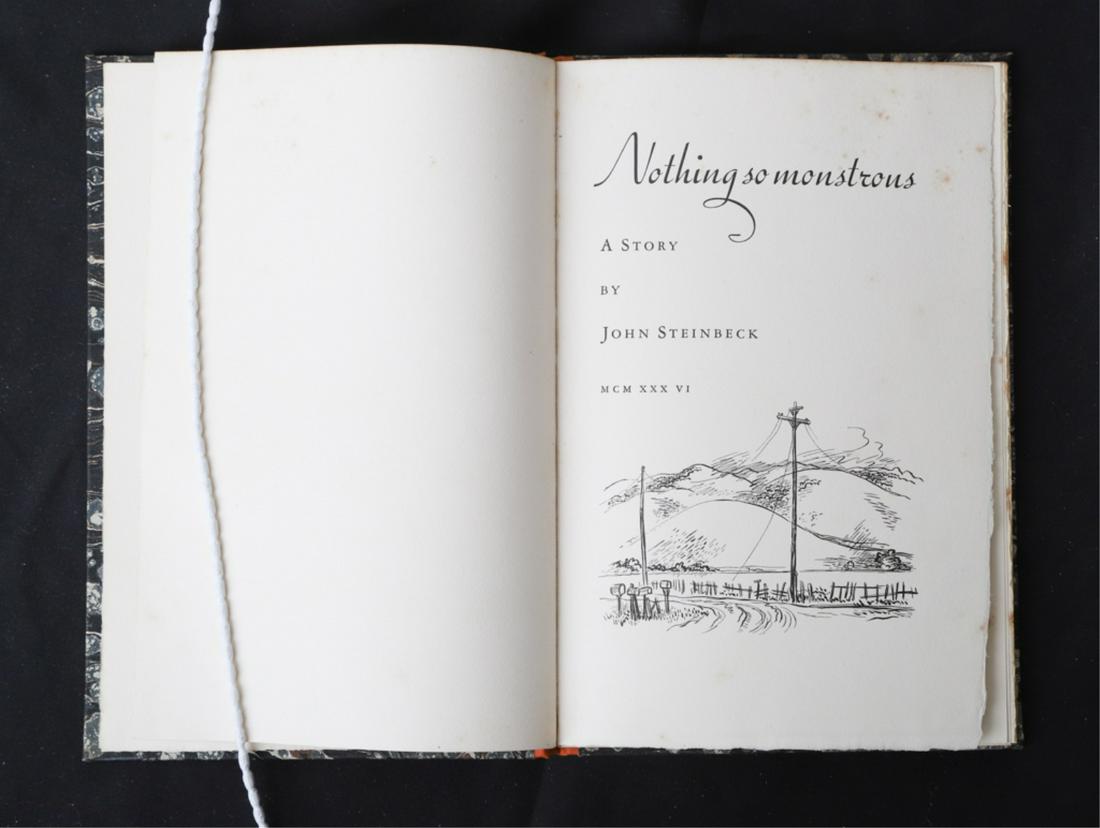 JOHN STEINBECK "NOTHING SO MONTROUS" 1936: Privately printed for Elmer Adler, 1936. Presentation copy from Elmer Adler to Alfred C. Howell, December 1936. hardcover paper bound 9 1/2 x 6 1/4 inches. First separate printing in an edition of onl