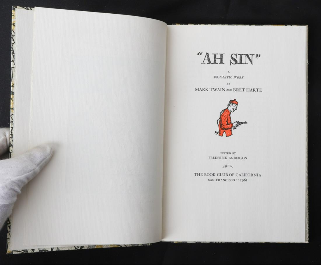 MARK TWAIN & BRET HARTE "AH SIN" 1961: Edited by Frederick Anderson, Book Club of America, San Francisco 1961. hardcover cloth bound Presented in a 1/2 leather slip case 10 x 6 1/4 inches.
