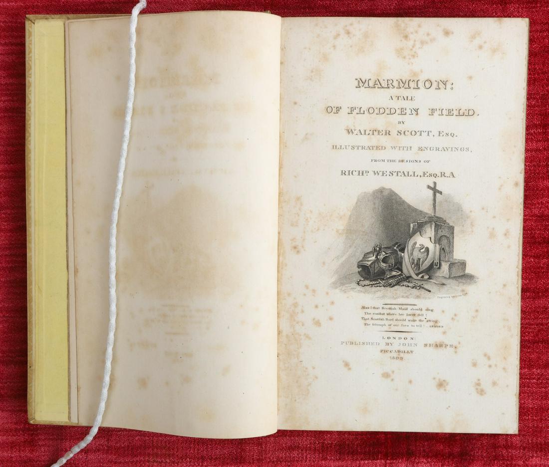SIR WALTER SCOTT "MARMION" FOREEDGE PAINTING 1809: A Tale of Flodden Field London: John Sharps. hard cover vellum bound. 8 1/2 x 5 1/4 inches.