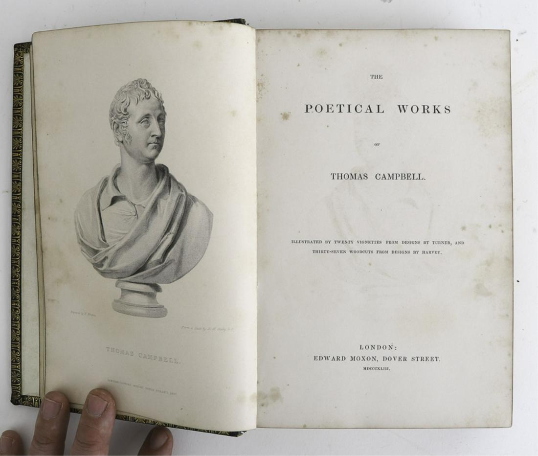THOMAS CAMPBELL "POETICAL WORKS" 1843 w/ FOREEDGE: London. Edward Moxon. hardcover leather bound with double foreedge painting of Edinburgh and Ballamyle. 8 x 5 1/2 inches.