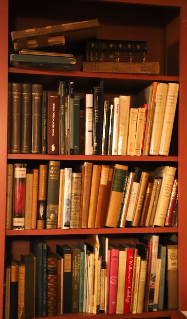 (8) SHELF FEET OF KEATS, SHELLEY & ROMANTIC POETS: Including: James Shelley Speech on Poetry and Drama, New York. with records. Leather bound "Works of Byron", "A Shelley Library; a Catalogue" etc