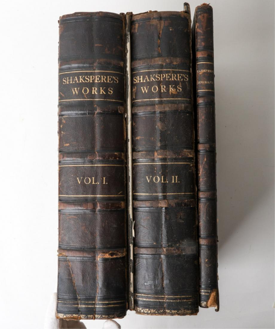 THE WORKS OF SHAKSPERE and "BIOGRAPHY" (3) BOOKS: A Biography of William Shakspere by Charles Knight. New York. James and Virtue. hard cover 3/4 leather bound. 15 x 11 inches. "The Works of Shakspere" (2) Vol. London. Virtue and Co. hardcover 3/4 lea