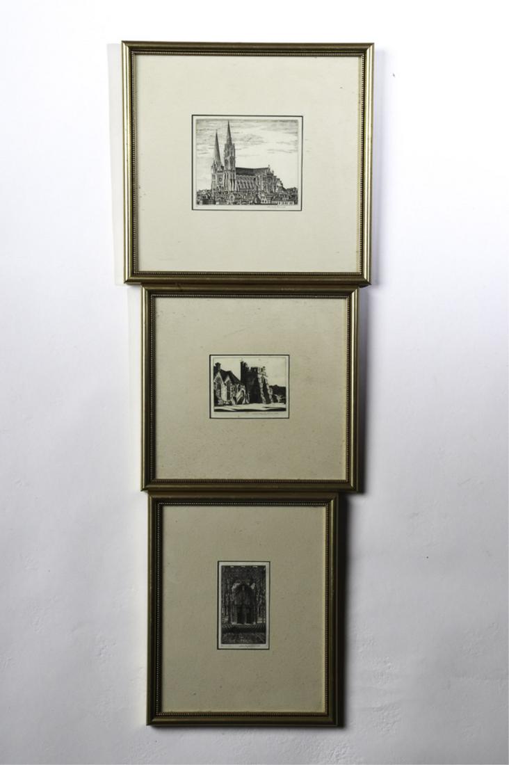 JOHN TAYLOR ARMS (1887-1953) THREE WORKS: Precious Stones/ Notre Dame, "Chartres the Manificent" and "Stokeway Castle" 3 1/2 x 4 1/4 inches (and smaller) signed and dated 1942, 1946 and 1948. framed 9 1/2 x 10 inches (and smaller)