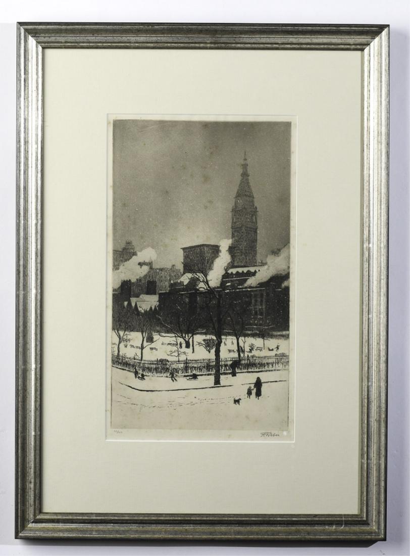 FREDERICK THEODORE WEBER (1883-1956): Gramercy Park NYC etching and aquatint circa 1931. 13 1/2 x 7 1/2 inches signed 38/100. framed 22 x 16 inches (overall)