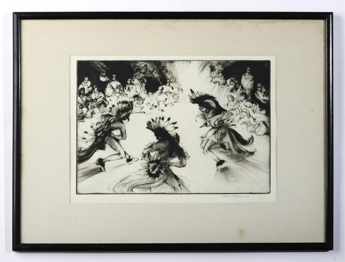 GENE KLOSS (1903-1996): Indian Friendship Dance etching 8 1/2 x 12 inches. signed. Published by the Society of American Graphic Artists, New York. signed. framed 15 x 19 1/2 inches (overall)