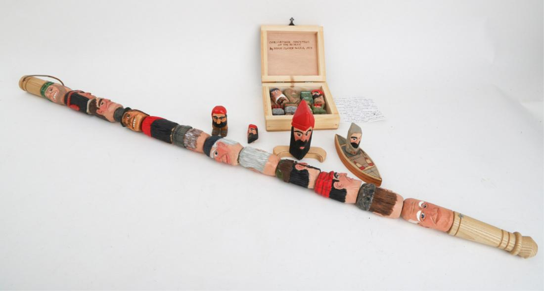 HUGH CLARK WOODEN CANOE HERITAGE ASSOC CARVINGS: Including: "Totem of (12) individual carved and painted figures, boxed set of (8), man in canoe signed and dated '99, "Volunteer" with canoe, pin and a single figure. Figures approx 2 3/4 inches (and 