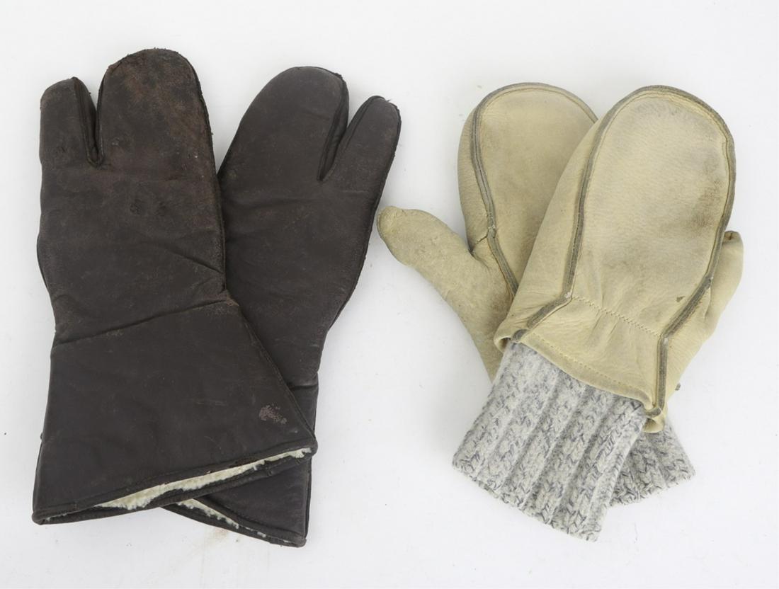 (2) PAIR OF ARCTIC CLIMATE MITTENS: Leather example is labeled lamb skin size M. The suede example has wool insert. 13 and 14 inches