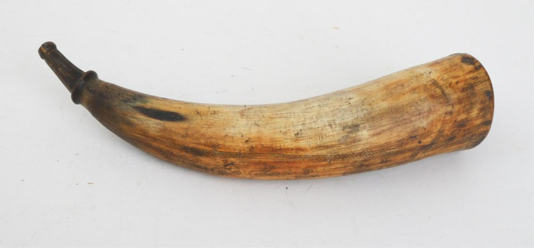 (18th /19th c) ENGRAVED POWDER HORN: Depicting birds perching in trees and wading in water with a single fish "H.C." 10 inches