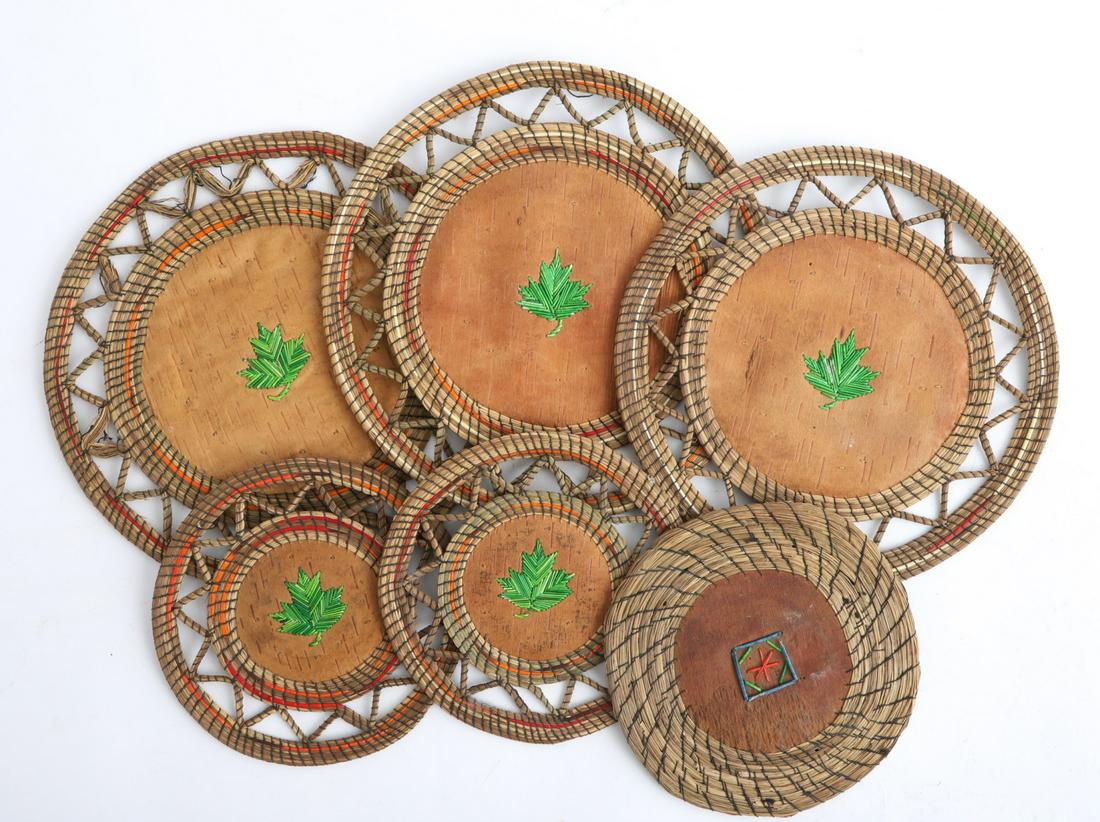 (6) BIRCH BARK and QUILL WORK TRIVETS: (5) decorated with a quill work leaf in the center and (1) with a geometric design. 9 1/2 and 6 inches (each)