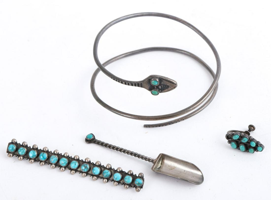 (4) NAVAJO SILVER ACCESSORIES: Including: Snake form arm bracelet (2 1/2 inches) set with turquoise eyes, bar pin (3 inches), miniature scoop and a lone earring each set with polished turquoise. 1.33 troy ounces