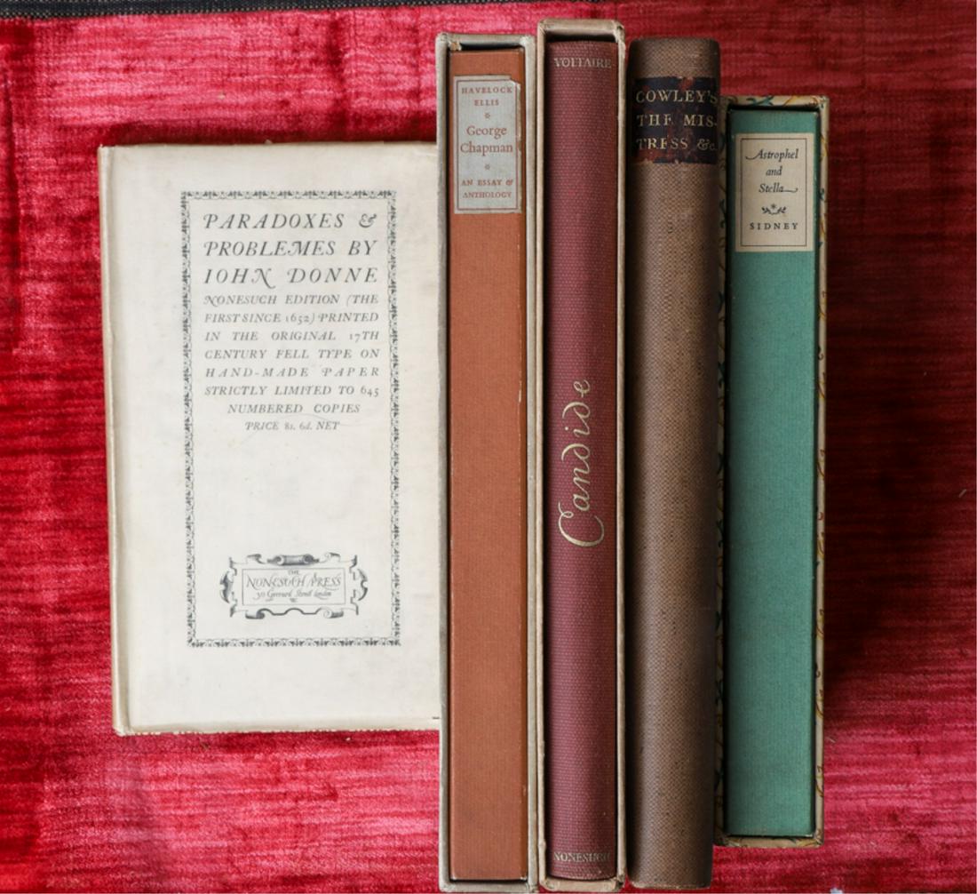 NONESUCH PRESS (5) WORKS: London. hardcover cloth bound. "Astrophel and Stella" by Philip Sidney 1931, "George Chapman" by Havelock Ellis 1934, "Candide or Optimism" by Francois de Voltaire. 1939. "The Mistress" by Abraham Cow