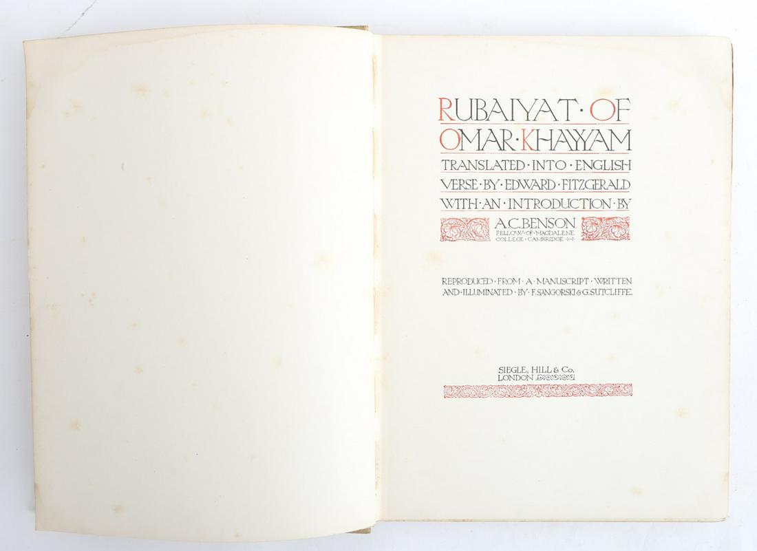 RUBAIYAT OF OMAR KHAYYAM 1911 SANGORSKI & SUTCLIFF: London. Siegle, Hill & Co.. illustrated by Snagorski & Sutcliffe. Introduction by A.C. Benson. hardcover cloth bound. 13 x 9 1/4 inches.