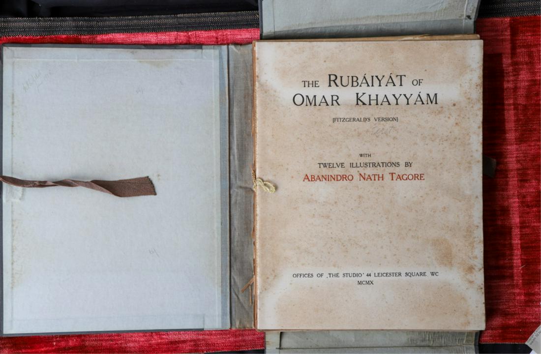 RUBAIYAT OF OMAR KHAYYAM ILLUS TAGORE 1st Ed. 1910: Offices of The Studio. (12) Illustrations by Abanindro Nath Tagore. Hardcover cloth bound portfolio. 12 x 10 inches.
