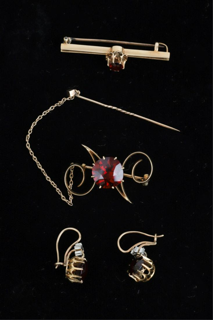 14k ROSE GOLD EARRINGS, BROOCH & PIN c.1880: Set with garnets. Brooch with safety stick pin 1 1/4 inches. 9.9 dwt