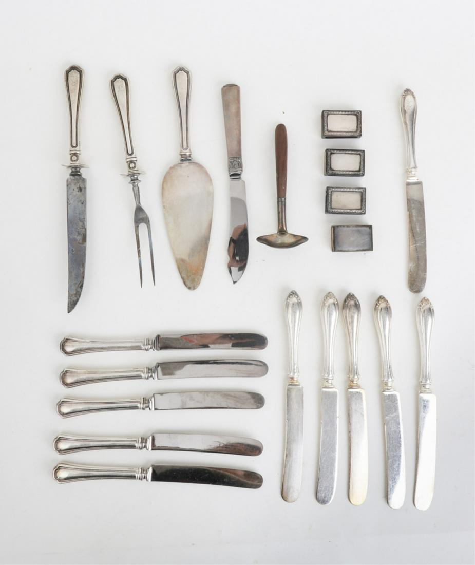 GROUPING OF WEIGHTED STERLING SILVER PIECES: Including: Knives, carving set, pie server and match box covers. 38 troy ounces (weighted total)