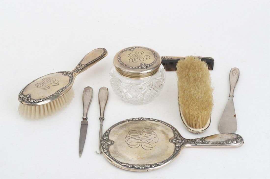 (4) PIECE STERLING SILVER DRESSER SET etc: Together with a comb and a set of (3) button hook, file and shoe horn. 9 1/2 inches (and under)