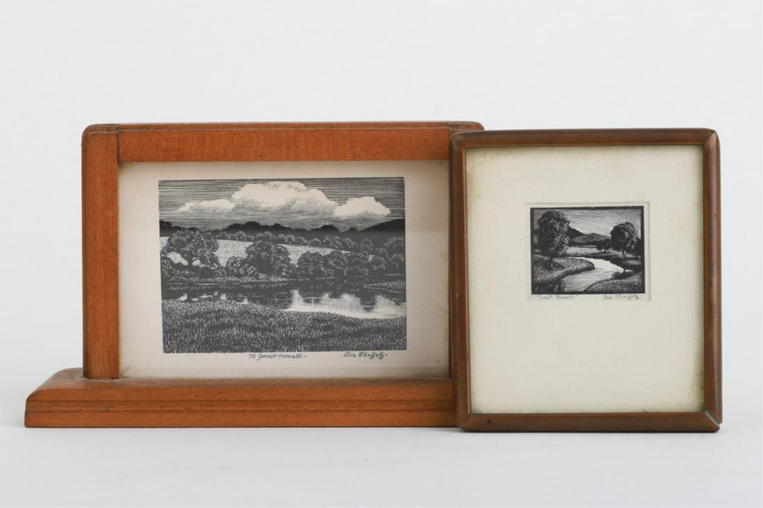 ASA CHEFFETZ (1897-1965) Three Works in (2) Frames: Landscape and Homestead block print. 2 x 3 inches. signed and inscribed. presented in a table-top framed by the artist. Together with a second miniature landscape "Trout Brook" block print. 2 1/2 x 2