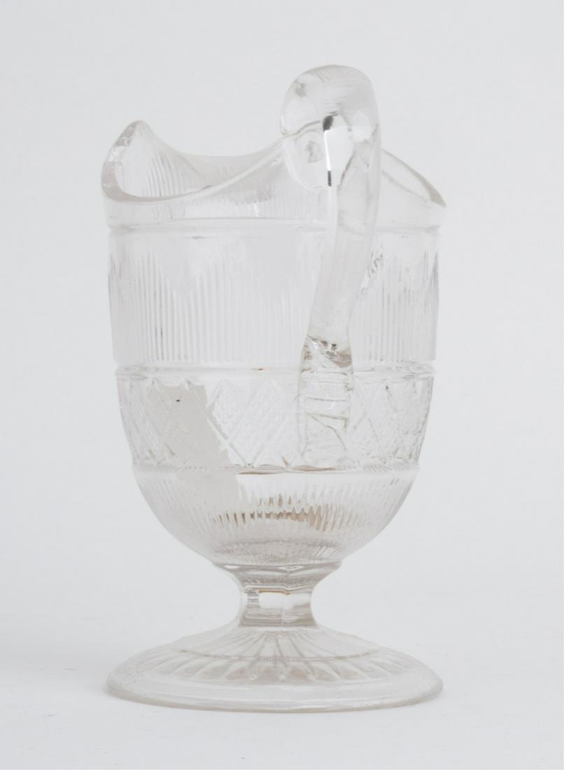 (4) EAPG CREAMERS att. to SANDWICH & NEW ENGLAND: Including: Hamilton Sandwich glass, Pineapple Sandwich glass, Almond thumbprint New England Glass and Paneled Hobnail New England Glass. 7 inches (and under) Each with applied handles.
