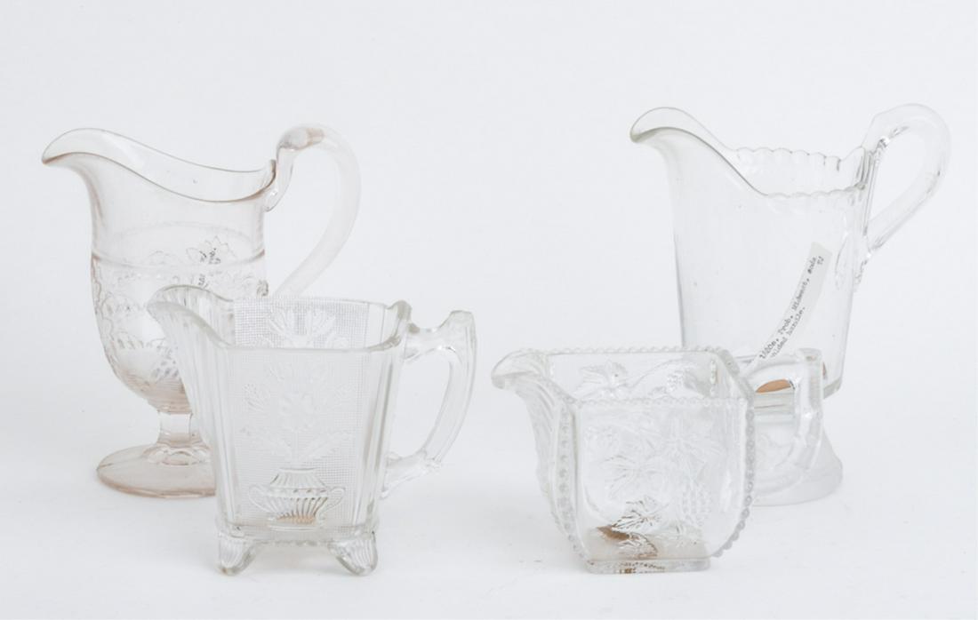 (4) EAPG CREAMERS att. MID-WESTERN US: Including: Frosted lion foot, Beaded Grape, Flower Pot and Lily of the Valley