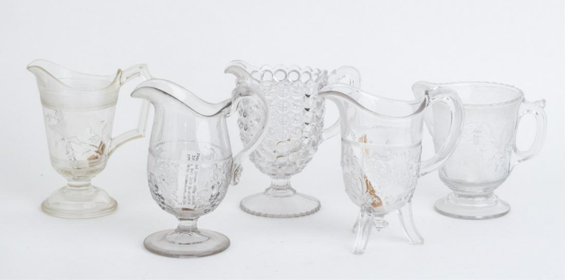 (3) EAPG CREAMERS att. MID-WESTERN US & (2) OTHERS: Including: Cardinal, Paneled Grape and Lily of the Valley. Together with Thousand Eyes att. to Pittsburg and Rose in the Snow probably Wheeling. 6 1/2 inches (and under)