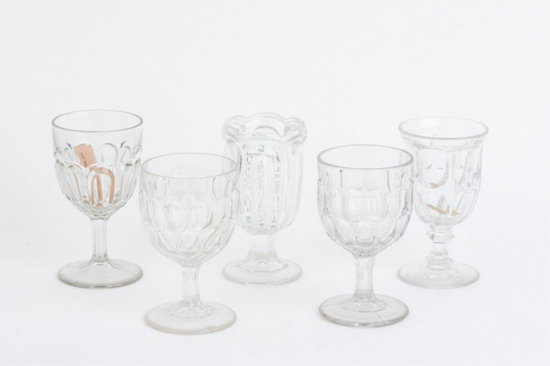 (4) EAPG GOBLETS and (1) SPONER (to hold spoons): Including: Bigler, (2) Barrel thumbprint, Loop and Honeycomb and a Sandwich glass sponer. 6 inches (and under)
