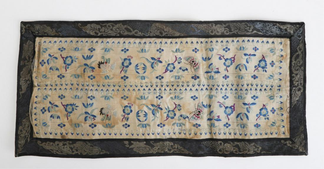 (19th c) CHINESE SILK EMBROIDERY: Butterfly and floral motif. 10 x 21 1/2 inches