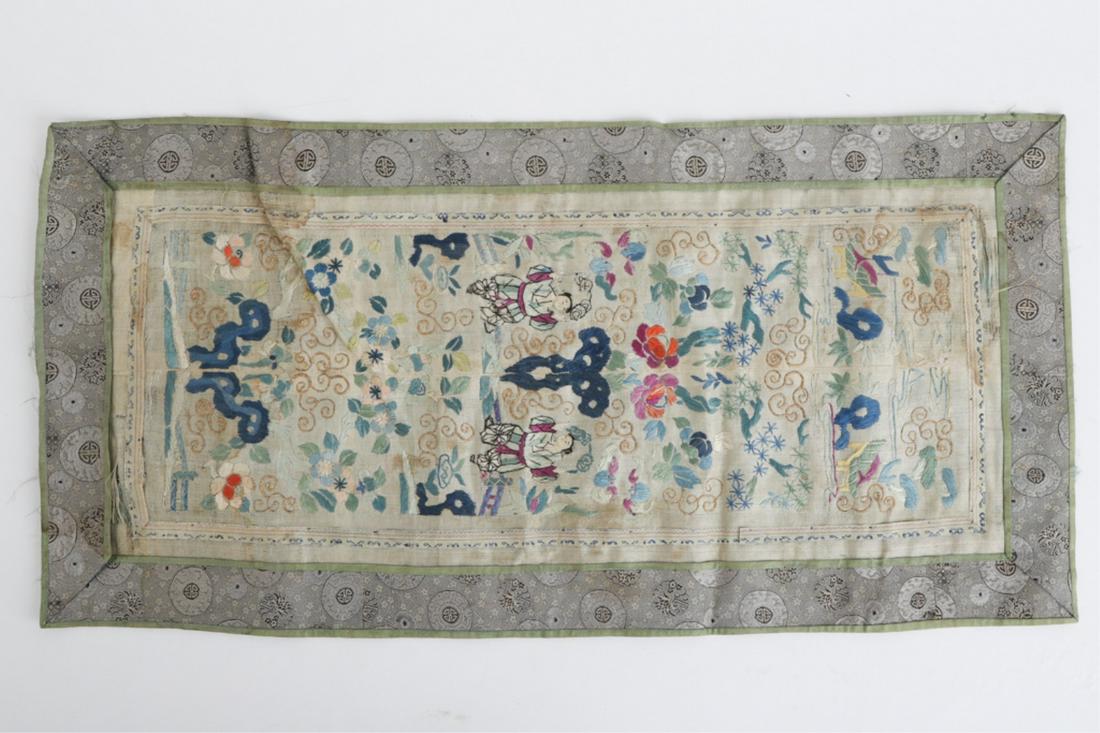 (19th c) CHINESE SILK EMBROIDERY: Figures in a garden landscape.