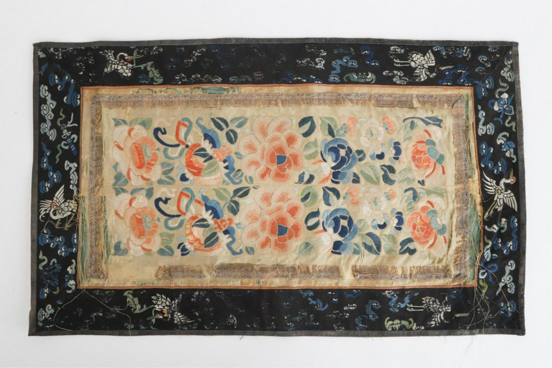 (19th c) CHINESE SILK FORBIDDEN STITCH EMBROIDERY: Floral motifs. 14 1/2 x 24 inches
