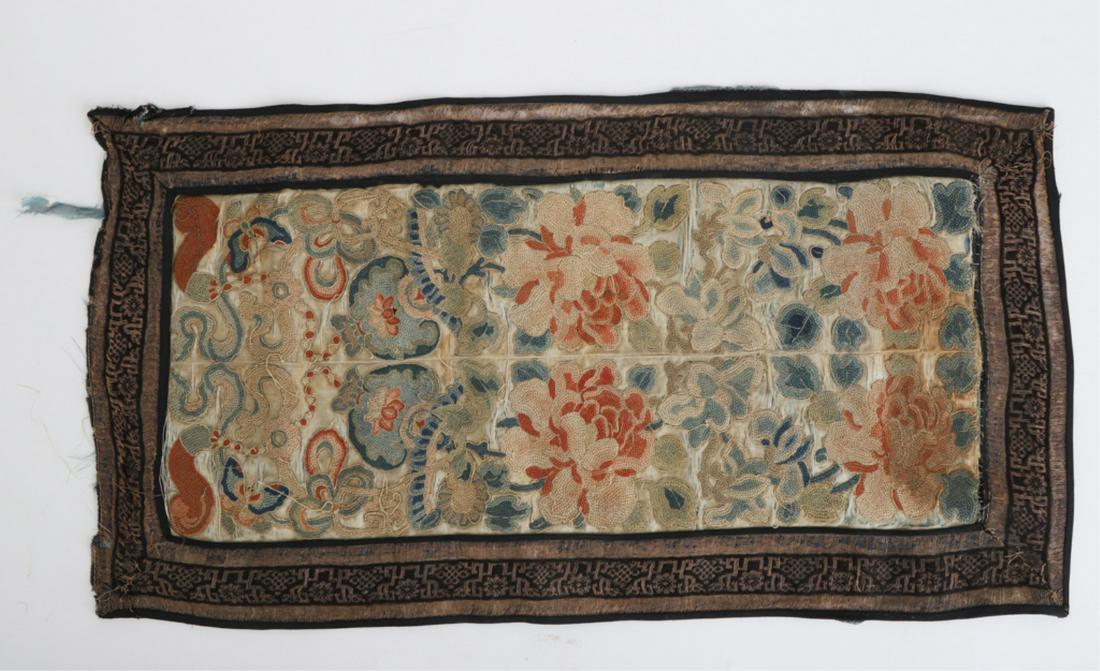(19th c) CHINESE SILK FORBIDDEN STITCH EMBROIDERY: Butterfly and floral motifs. 11 1/2 x 22 inches