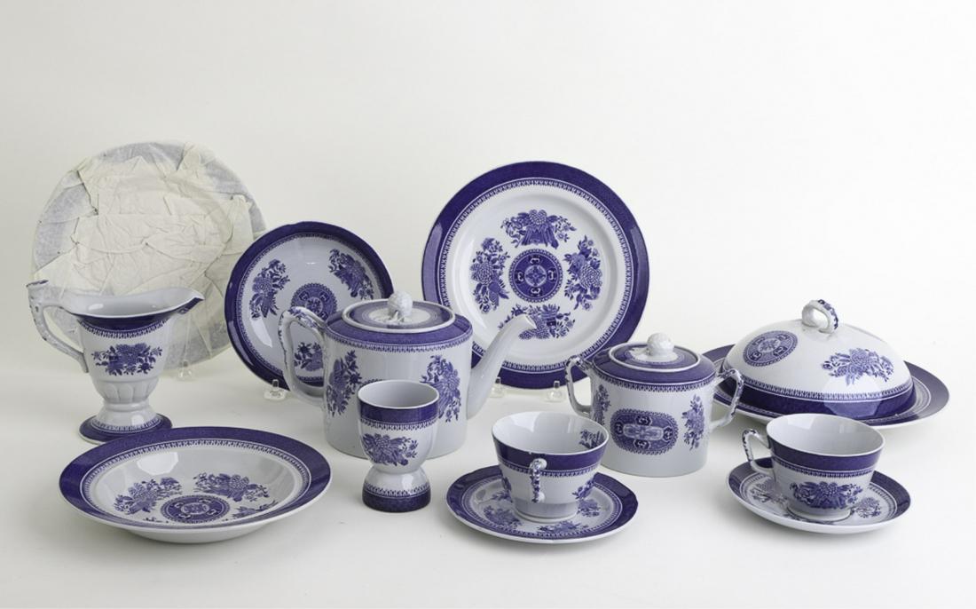 PARTIAL SPODE COPELAND FITZHUGH CHINA SET: Including: Teapot, Sugar bowl, (2) Helmet-for creams, (1) Covered serving dish, (2) Egg Cups, (17) 9 inch plates, (12) Fruit bowls, (2) cereal bowls, (21) bread plates, (8) Tea cups, (6) coffee cups a