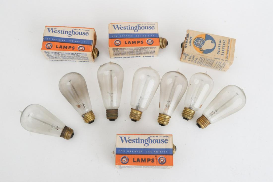 (11) ANTIQUE G-E MAZDA LIGHT & WESTINGHOUSE BULBS: (4) with original cardboard packaging.