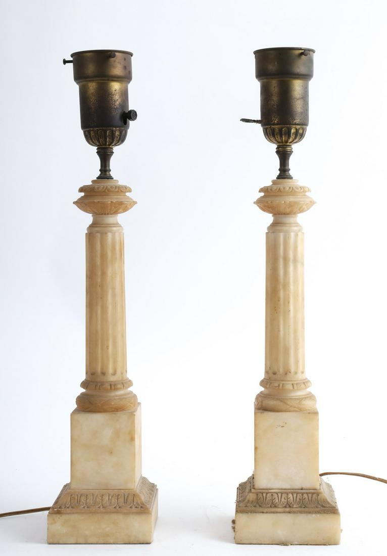 PAIR NEO-CLASSICAL COLUMNAL ALABASTER TABLE LAMPS: 25 inches to top of socket.