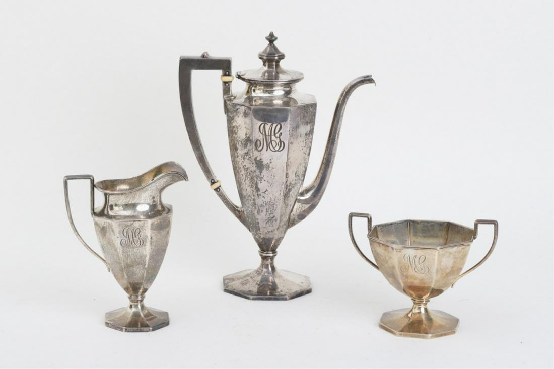 GORHAM (3) PIECE STERLING SILVER COFFEE SET: Coffee pot A5761, 1/2 pint creamer A5764, sugar bowl is marked by the retailer. 10 1/4 inches (and under) 26.5 troy ounces