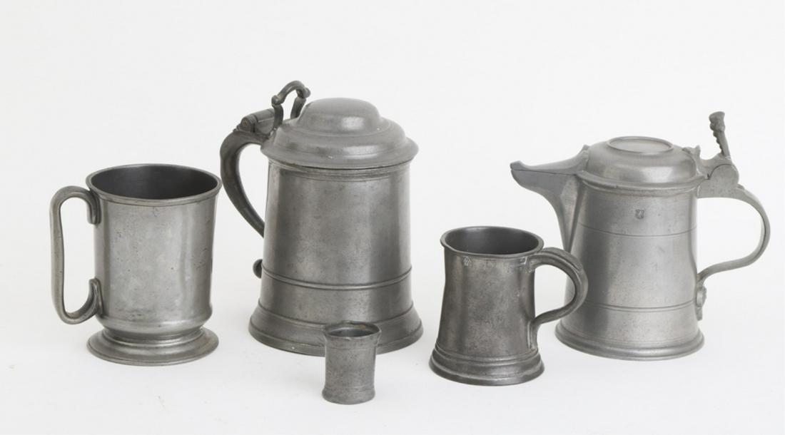 (4) ENGLISH PEWTER MUGS & TANKARDS: Descending by size: Hale circa 1860 7 1/2 inches, Austrian? pitcher 7 inches, pint mug from Diplock's Hotel 5 inches, James Yates 1/2 pint mug and a small cup signed C.T. ?