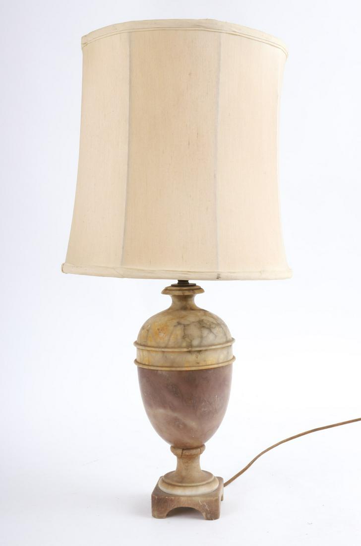 (2) LIGHT ALABASTER URN-FORM TABLE LAMP: 26 inches to top of finial.