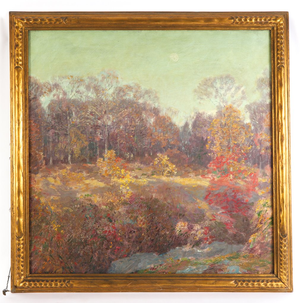 LAWRENCE MAZZANOVICH (1871-1959): Fall Landscape oil on canvas 30 x 30 inches. signed. framed 34 1/2 x 34 1/2 inches (overall) . Provenance: John R. Gregg (1867-1948) was an educator, publisher, humanitarian, and the inventor of the e
