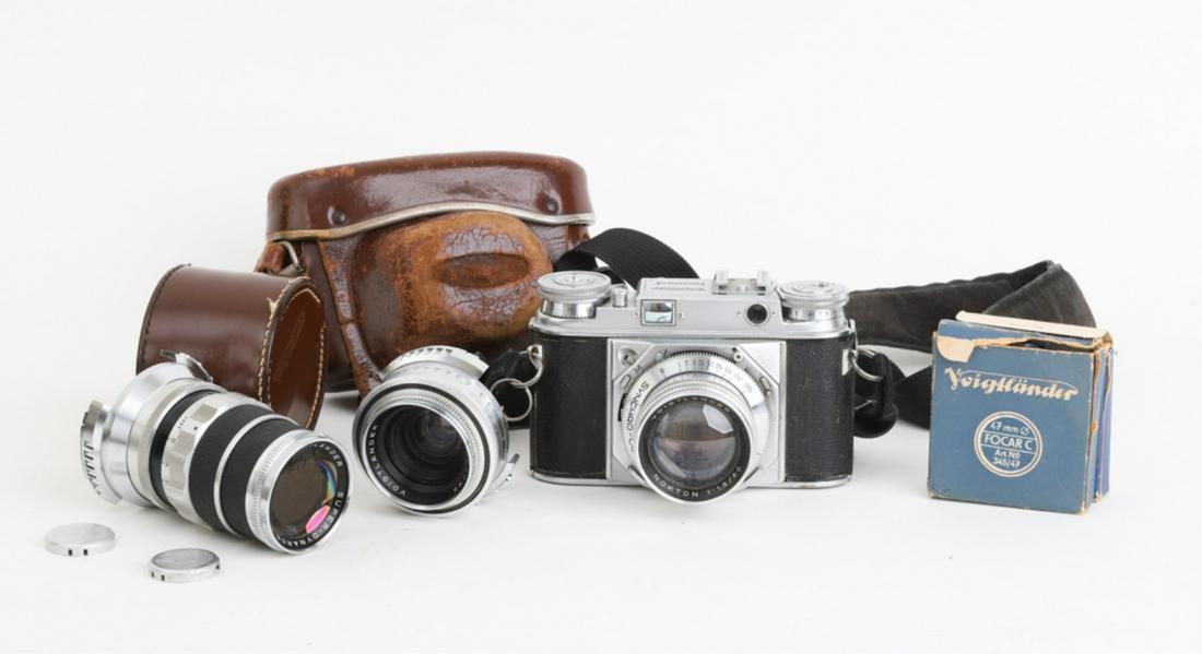 VOIGTLANDER PROMINENT RANGEFINDER CAMERA & LENSES: 50mm Nokton lens, 35mm Voigtlander Skoparon lens, 150mm Voigtlander Super-Dynaron lens. , together with (2) accessory attachments,
