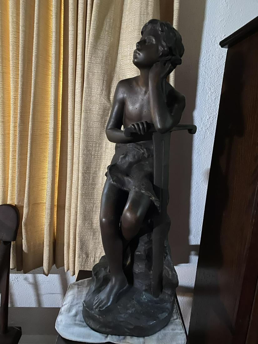 ROGER BLOCHE (1865-1943): Arthur and Excalibur patinated zinc alloy. 26 inches. signed.