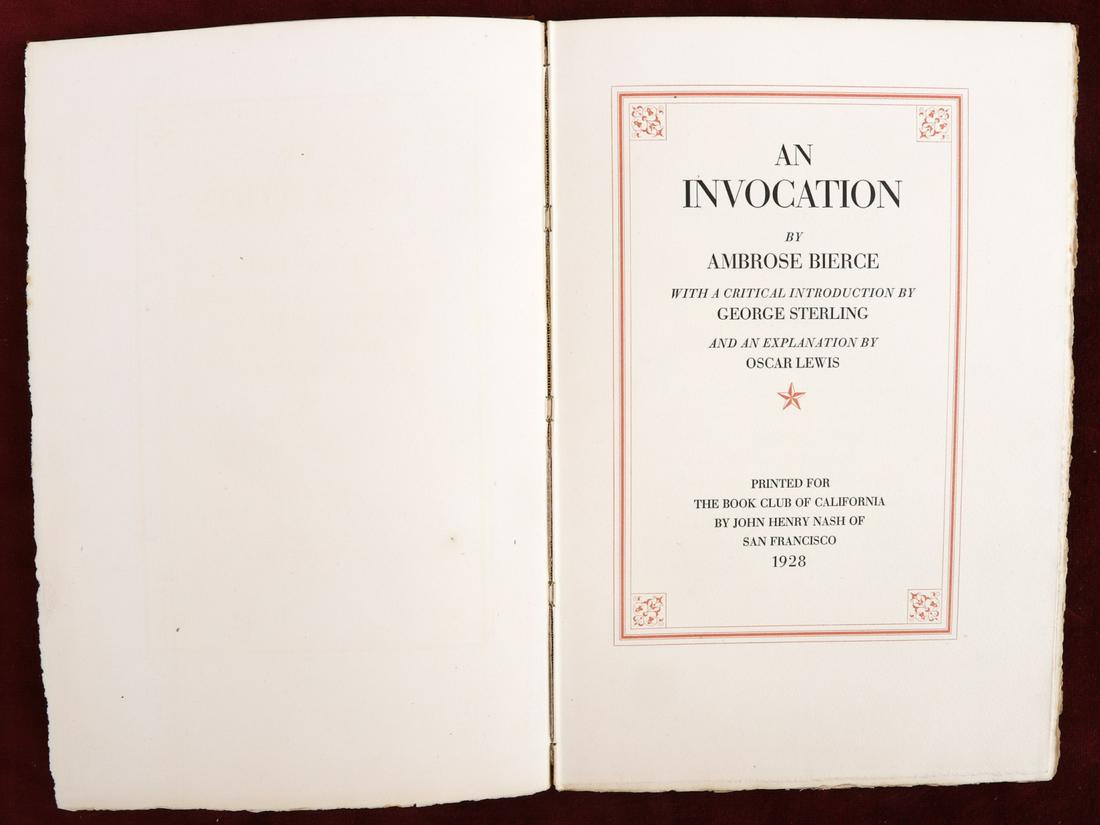 AMBROISE BIERCE "AN INVOCATION" 1928 132/300: San Francisco. John Henry Nash for the Book Club of California. 1928. hardcover. paper bound. 11 x 7 1/2 inches
