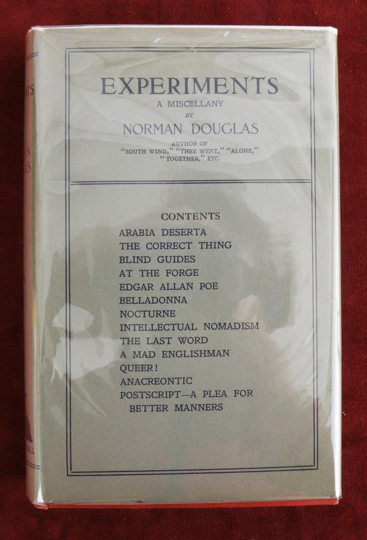 NORMAN DOUGLAS "EXPERIMENTS" 1st ENGLISH EDITION: London. Chapman and Hall 1925 hard cover cloth bound 9 x 6 inches