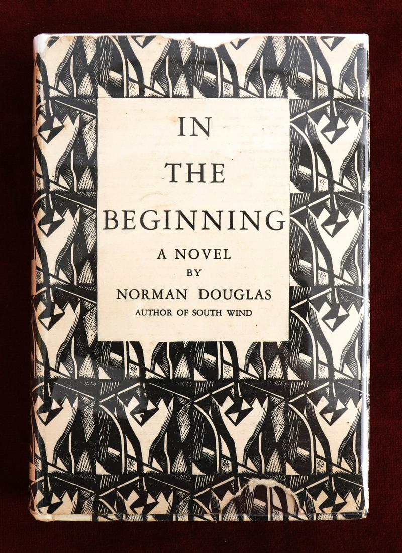NORMAN DOUGLAS "IN THE BEGINNING" 1928: New York. John Day Company. 1928. First published May, 1928. hardcover 1/2 velum bound. 7 3/4 x 5 1/2 inches.