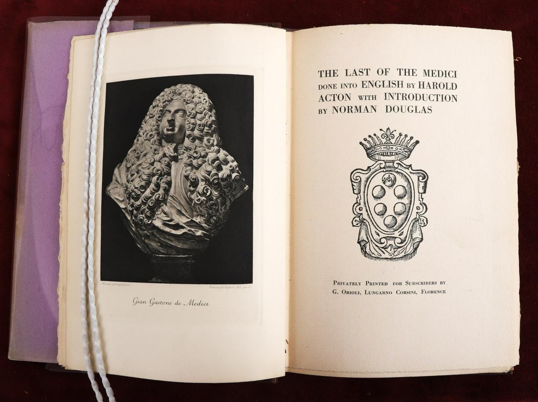 NORMAN DOUGLAS "THE LAST MEDICI" 1930 -137/365: Florence. Franceschini. printed on blinds hand-made paper. 500 of which for sale, hardcover clothbound. oringinal dust jacket. 9 x 6 inches.